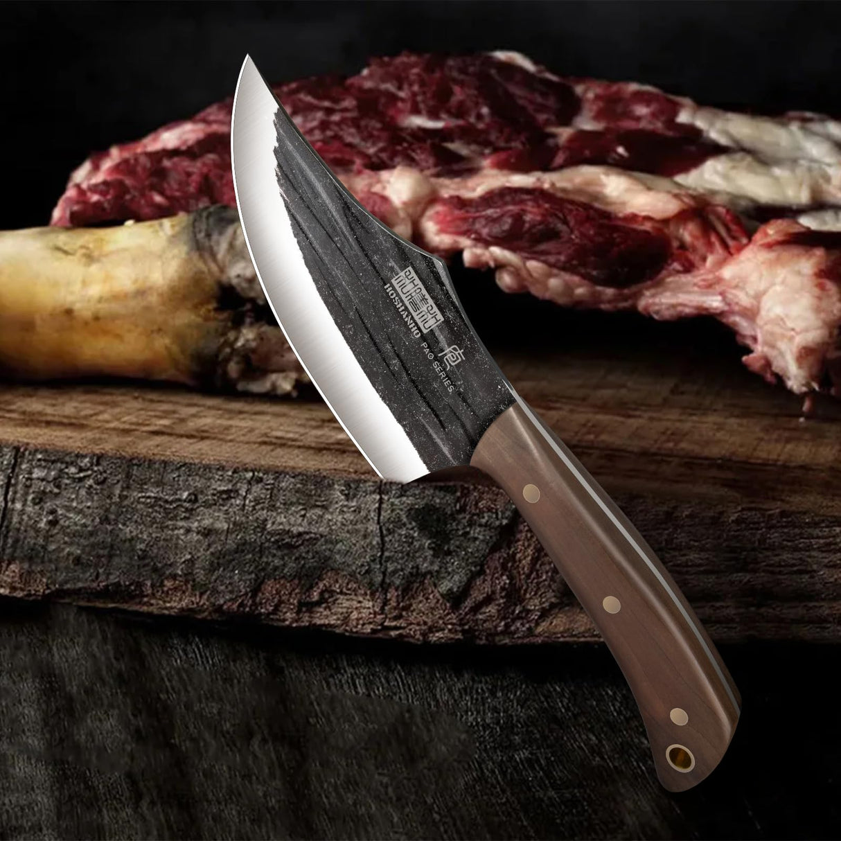 HOSHANHO Juego de Cuchillo de Carnicero, Forjado a Mano, Con Bolsa Enrollable Afilado Cuchillo de Carne, Cuchillo de Hueso y Cuchillo Deshuesador, Ideal Para el Hogar, Camping y BBQ