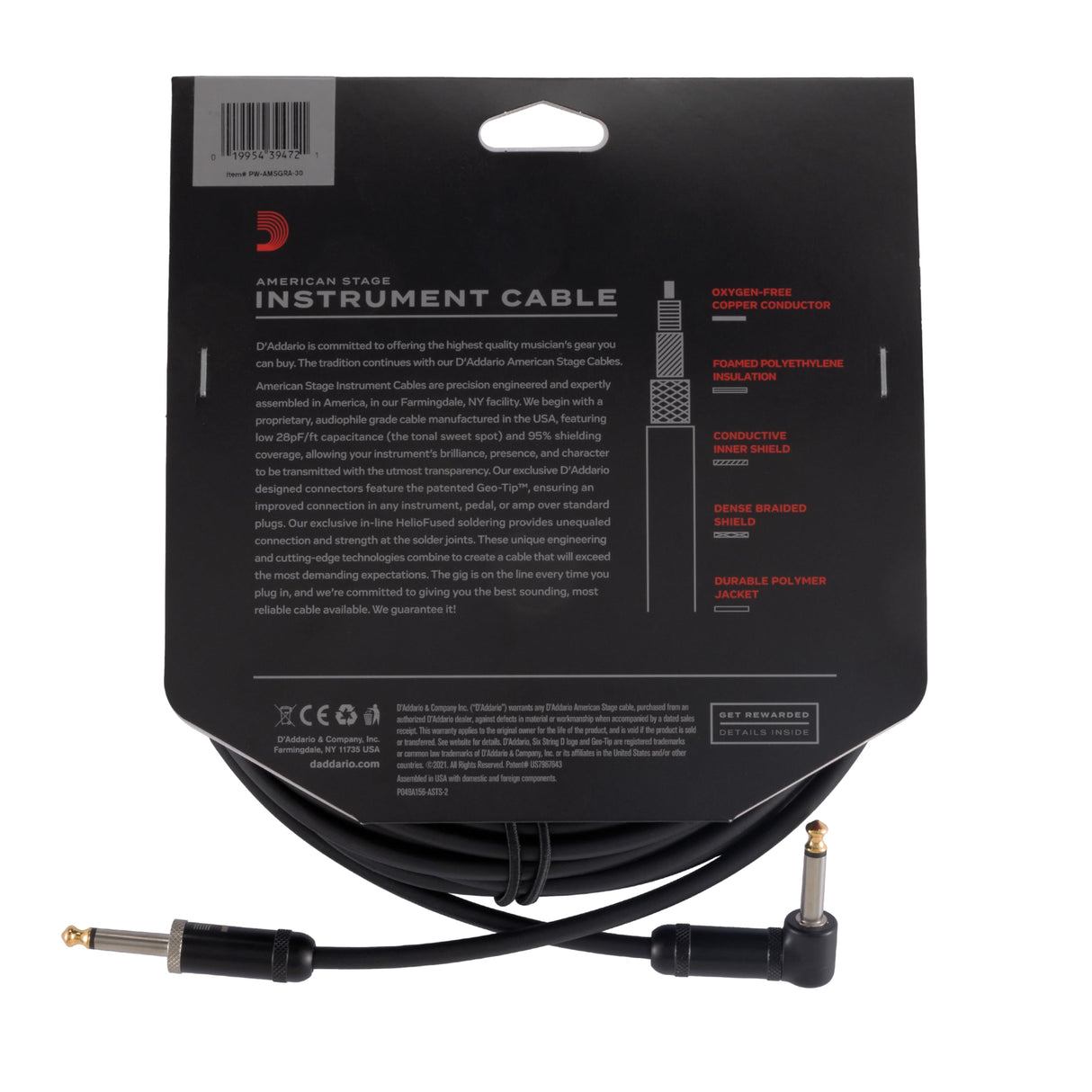 D'Addario Cable de guitarra – Cable de guitarra – 1/4 pulgadas macho a 1/4 pulgadas macho – American Stage Instrument Cable – recto a ángulo recto, 30 pies