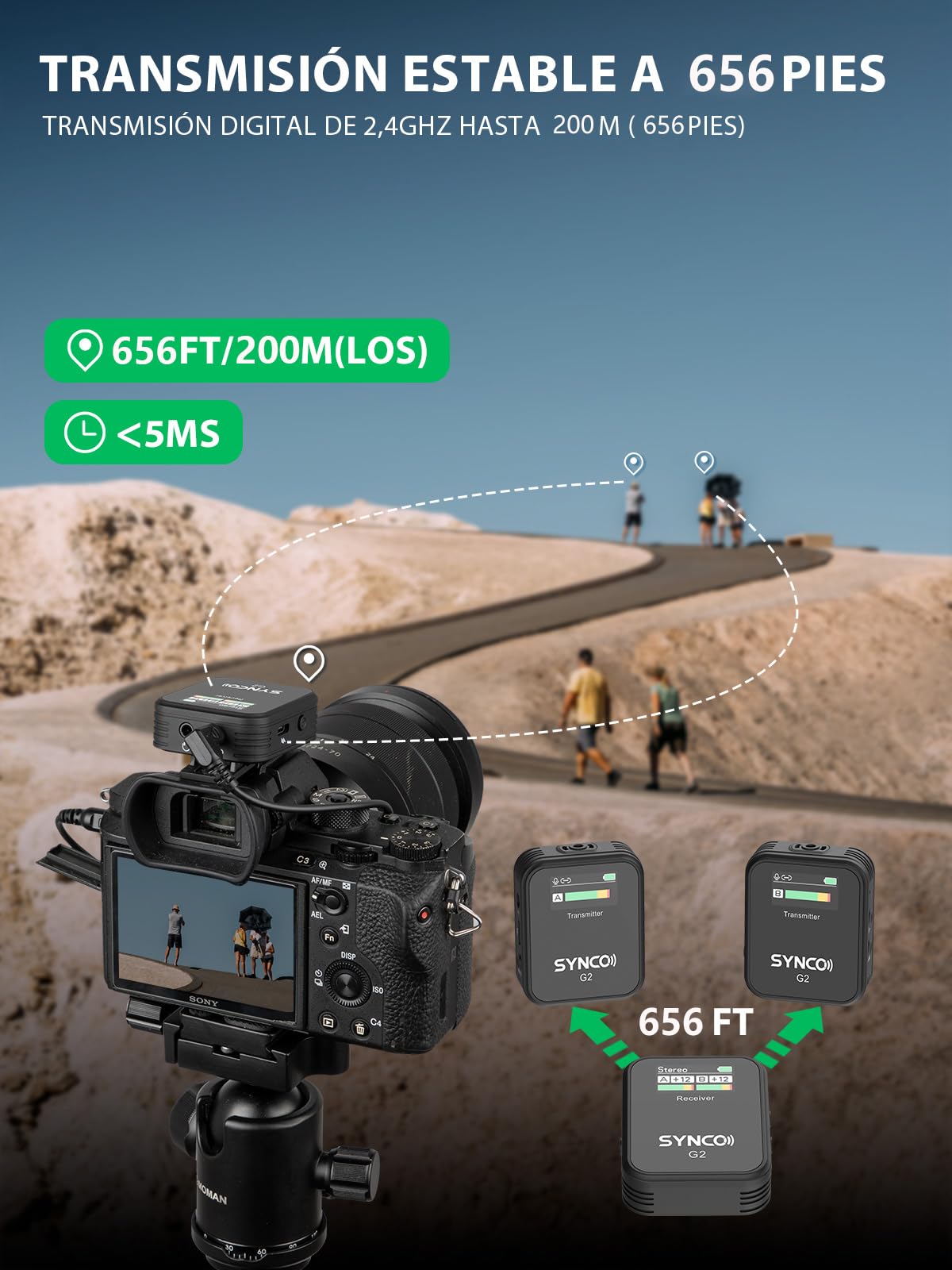 SYNCO Micrófono Solapa Inalámbrico Dual, G2 A2 Micro Corbata Wireless 2.4Ghz 200m Transmisión Compatible para Cámara DSLR Videocámaras Móviles y Tabletas, Corbata-Microfono-Solapa-Inalambrico-Sistema