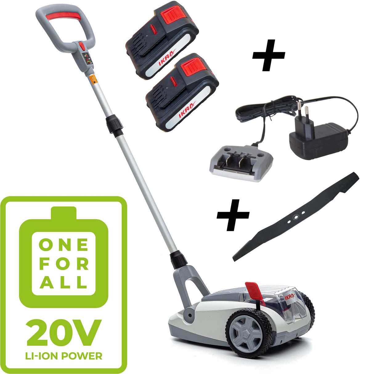 IKRA cortacésped a batería ICHM 20 con función trituradora, para céspedes pequeños de hasta 50 m², incl. 2 baterías, cargador & cuchilla de repuesto