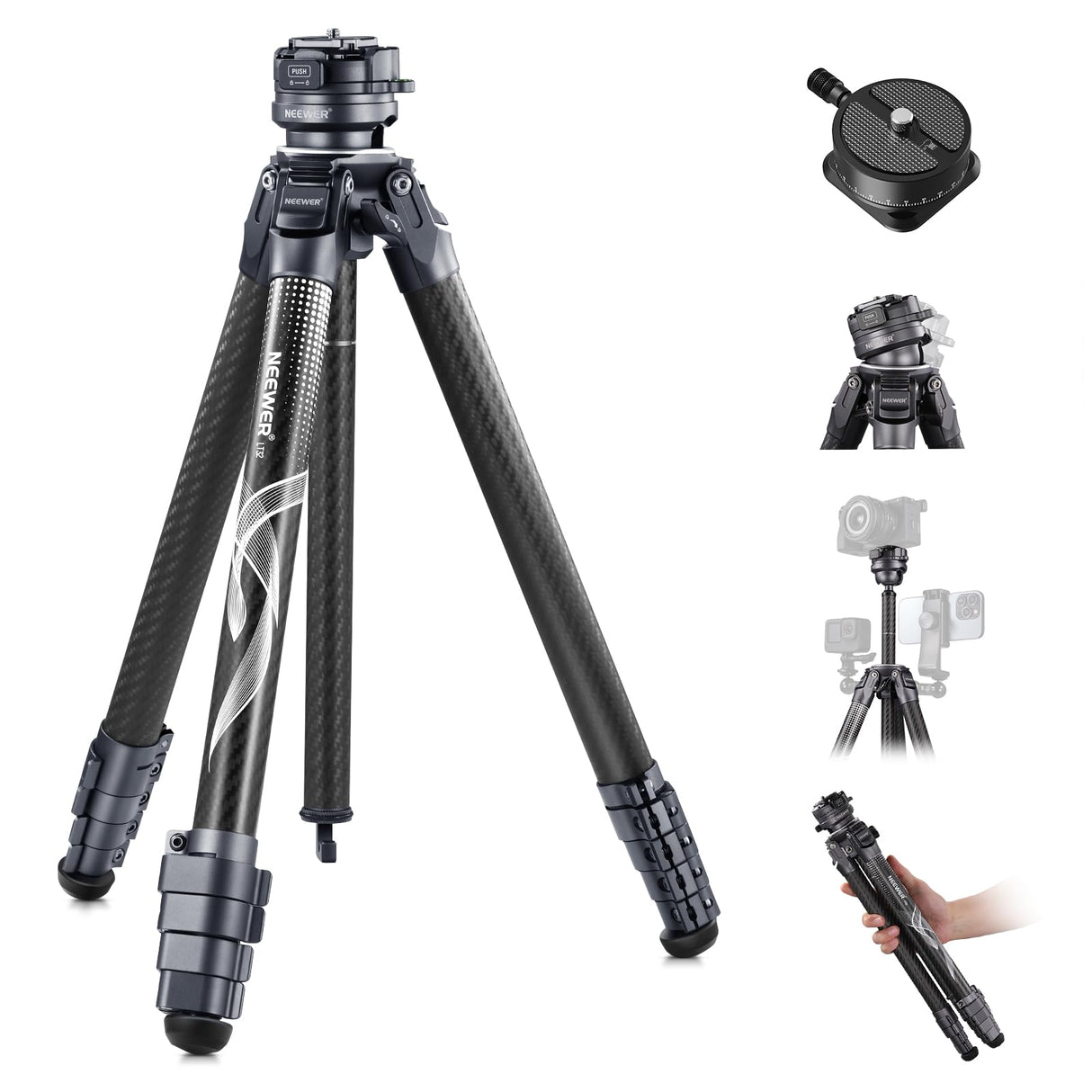 NEEWER LITETRIP LT32 62" Trípode de Viaje de Fibra Carbono con Base Niveladora de ±15°, Eje Central Desmontable, Hebilla de Giro Rápido, Placa QR Tipo Arca Compatible con Peak Design Capture V3