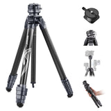 NEEWER LITETRIP LT32 62" Trípode de Viaje de Fibra Carbono con Base Niveladora de ±15°, Eje Central Desmontable, Hebilla de Giro Rápido, Placa QR Tipo Arca Compatible con Peak Design Capture V3