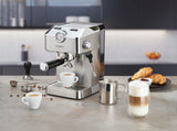 Caso Espresso Gourmet - Cafetera de acero inoxidable con bomba Ulka 19 bares con espumador de leche, para café en polvo o cápsulas ESE, para 2 tazas, con placa calefactora para taza