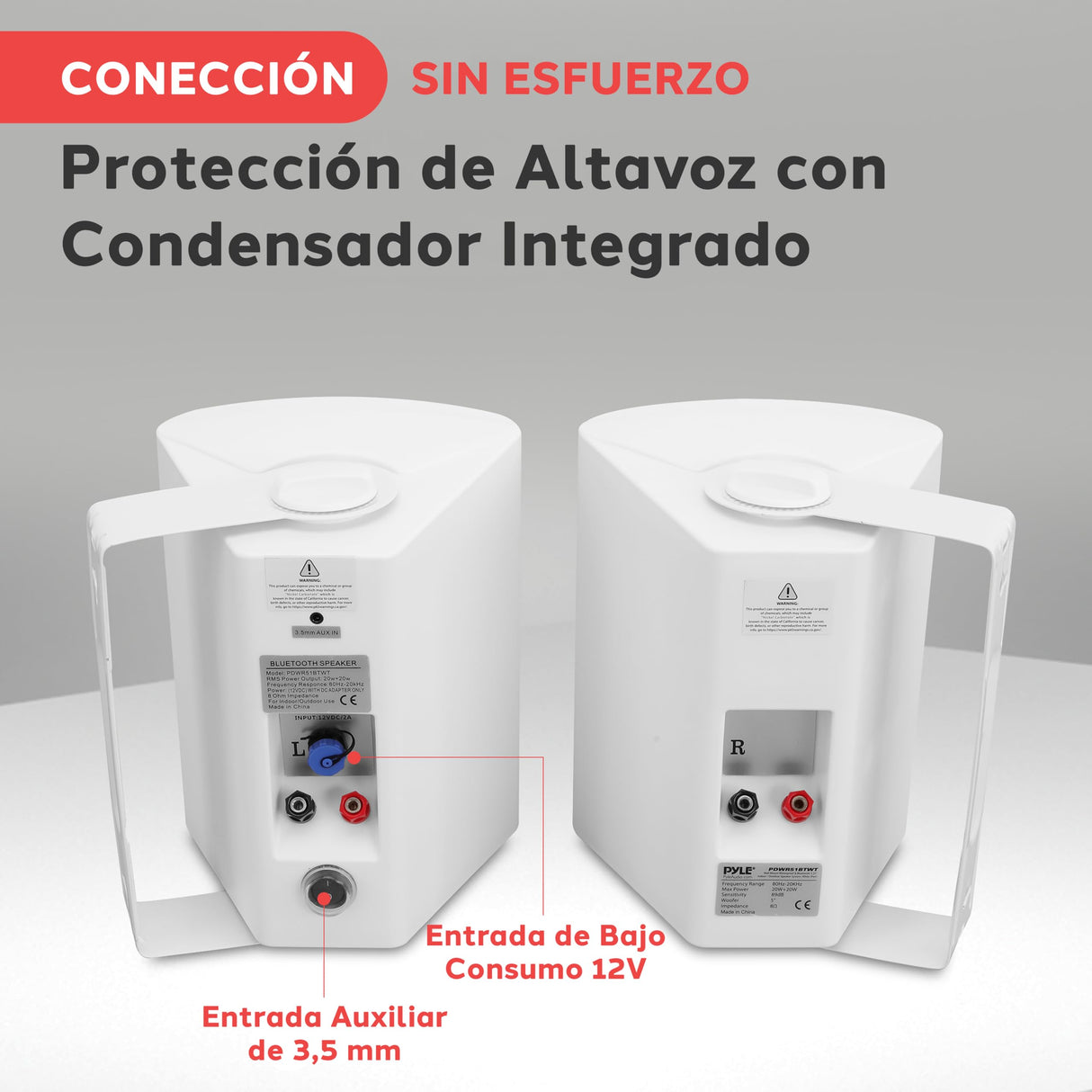 Pyle Sistema de Altavoces Estereo, Portatiles, Resistentes a la Intemperie, Inalambricos, Montaje de Pared, Interiores, Exteriores. Blanco