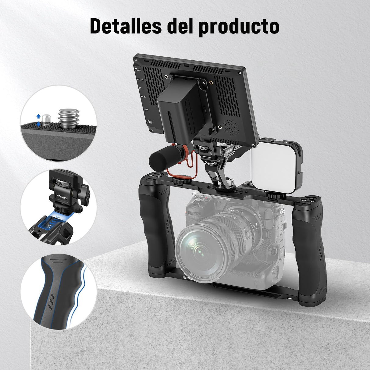NEEWER Cámara Jaula Universal+Top Handle y Soporte Monitor Cold Shoe, Estabilizador Gimbal Cámara Tipo Arca, 2 Asas, 3/8" para ARRI, Rig Video Compatible con SmallRig Accesorios, CA016T+MA006