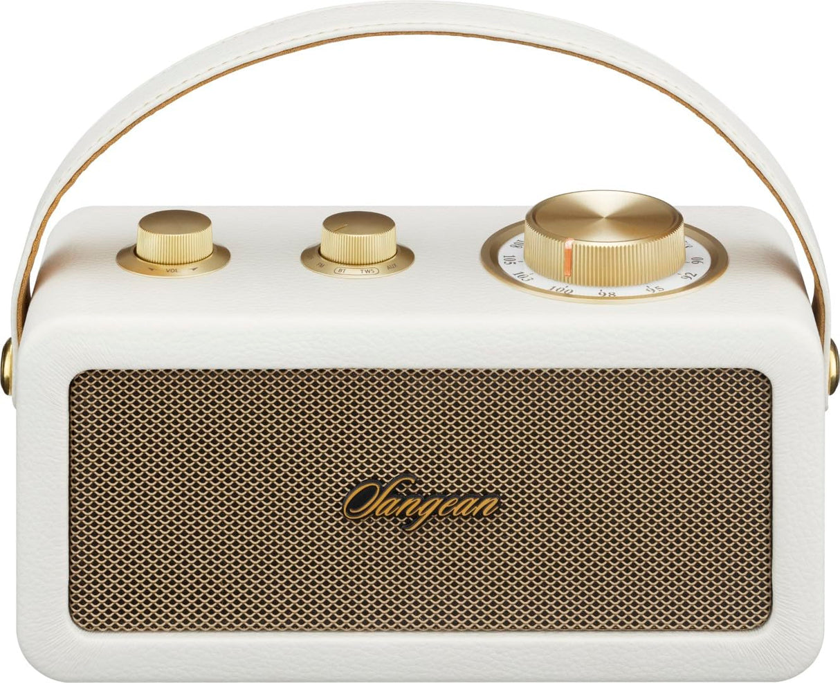 SANGEAN RA-101 Ivory Gold.Altavoz portátil con diseño Retro de Madera y Piel sintética. Bluetooth 5.0. Autonomía 19 Horas con una Carga Completa. AUX-in para Fuentes de Audio externas.