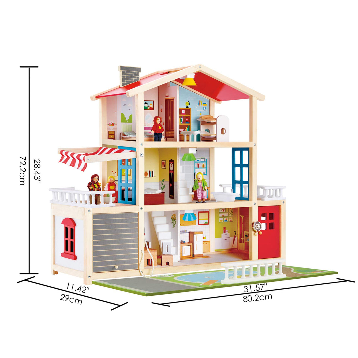 Sustainable Wood Toy, Hape Doll Family Mansion Playset With 4 Figures, 6 Rooms, 2 Balconies, 7 Room Sets and Barbecue. 3 years +