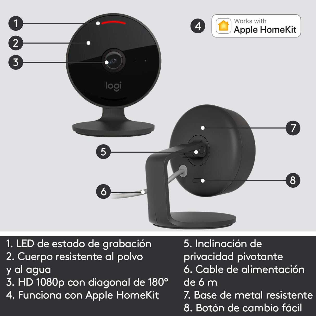 Logitech Circle View Cámara de seguridad doméstica con cable resistente a la intemperie, angular de 180°, HD 1080p, visión nocturna, audio de dos vías, con cifrado y Apple HomeKit Secure Video - Negro