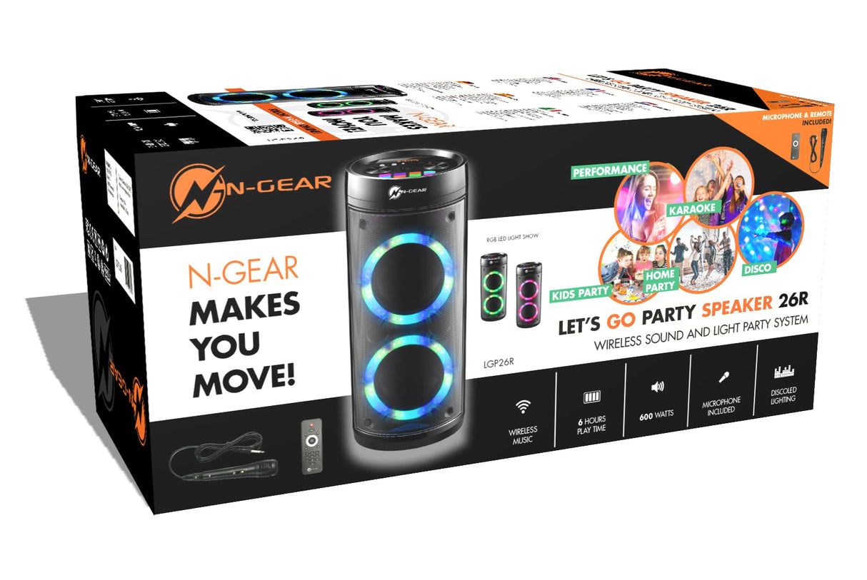 N-Gear LPG26R Let's Go Party Altavoz Bluetooth con micrófono Karaoke LED Disco, Función Power Bank, Potencia 600W (40W RMS) LGP26R