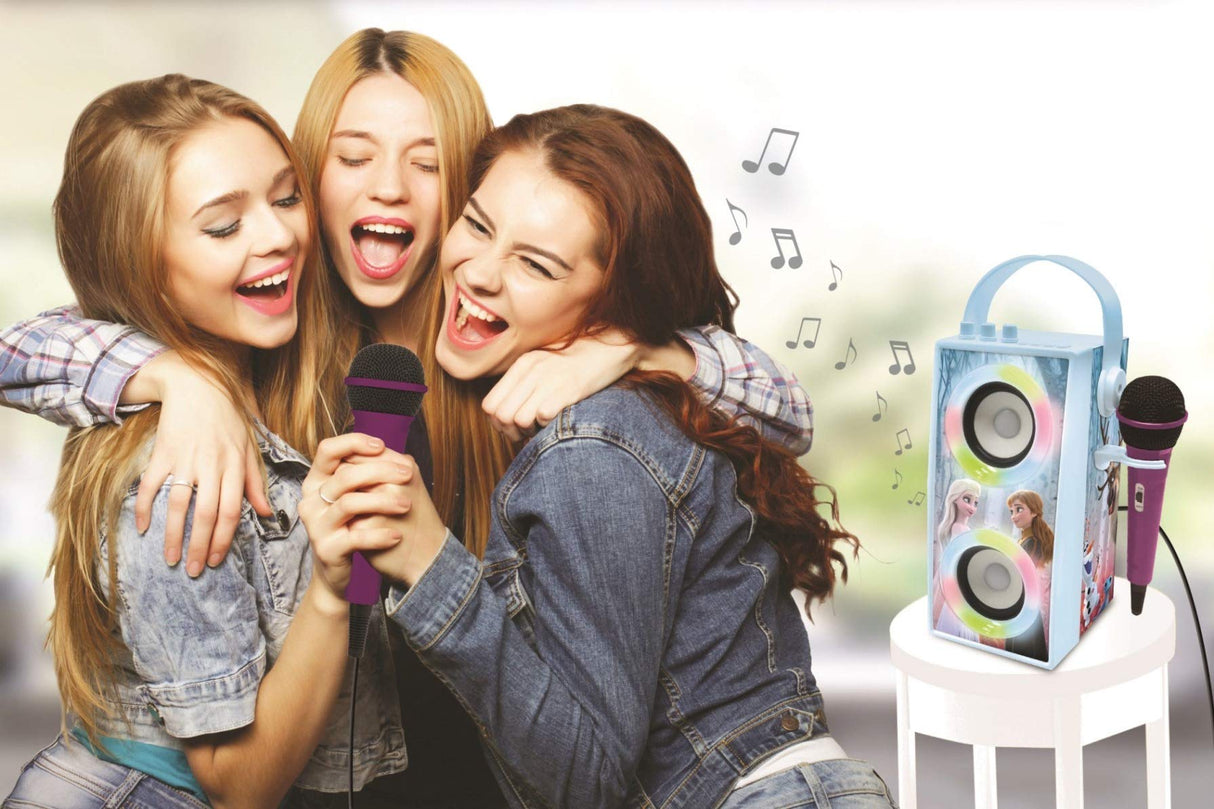 LEXIBOOK, Frozen, Altavoz Luminoso Bluetooth portátil con micrófono, Efectos de luz, Karaoke, inalámbrico, USB, Tarjeta SD, batería Recargable, Azul/Morado, BTP180FZZ