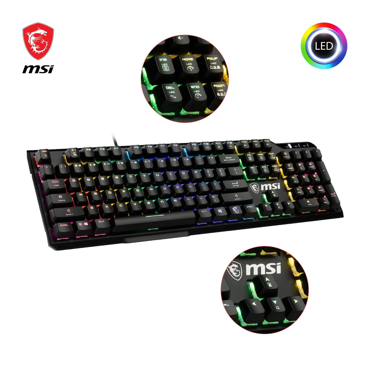 MSI Vigor GK41 Teclado Gaming Mecánico FR - Switches Kailh Red (lineales), Teclas Ergonómicas, Base Antideslizante, 6 LED de Color Fijo/10 Zonas de Iluminación, Mystic Light, USB 2.0 - Tamaño completo