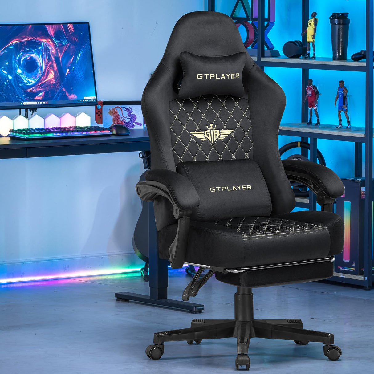 GTPLAYER Silla Gaming Sillón Gaming Tela Silla Gamer Ergonómica Oficina Silla PC, 150 kg, Silla de Mesa Regulable y giratoria con cojín de Asiento con muelles y reposapiés, Negro