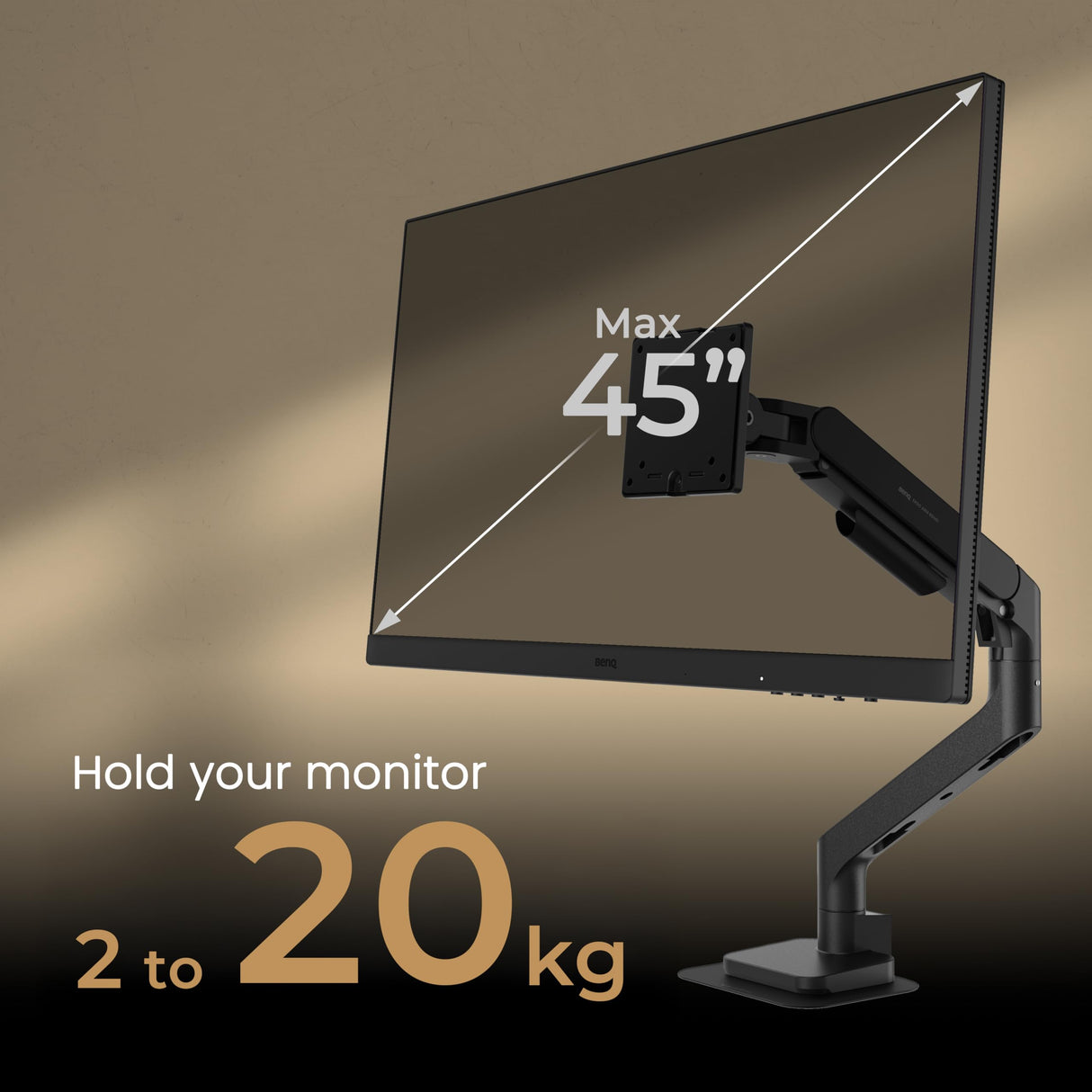 BenQ BSH01 Brazo ergonómico para Monitor - Soporte para Pantallas de hasta 45'' y 20 kg, Alta Resistencia, sin tambaleos, Abrazadera Superior y Base, Placa Refuerzo, VESA 75x75 y 100x100 mm