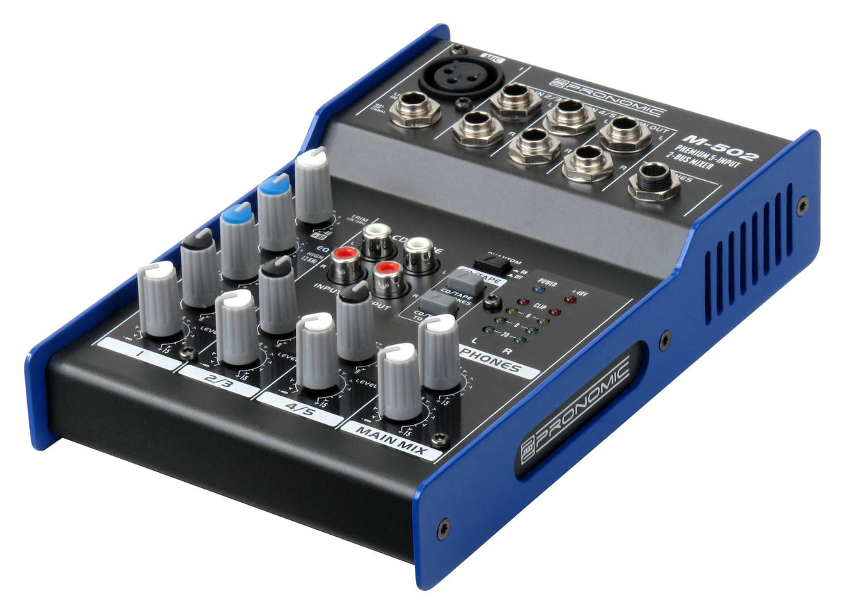 Pronomic M-502 Mesa de Mezclas Live/Studio (1 Canal Mono XLR/Jack, 2 Canales Estéreo, EQ de 3 Bandas, Alimentación Phantom de 48V)