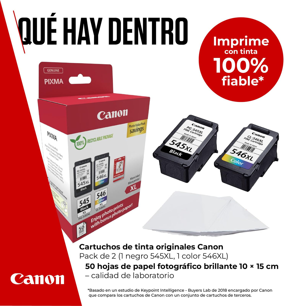 Canon Tinta y Papel - PG-545XL + CL-546XL - Pack de 2 Cartuchos Originales - (x 1 Negro, x 1 Tricolor) + Papel fotográfico 10 x 15 cm (50 Hojas)