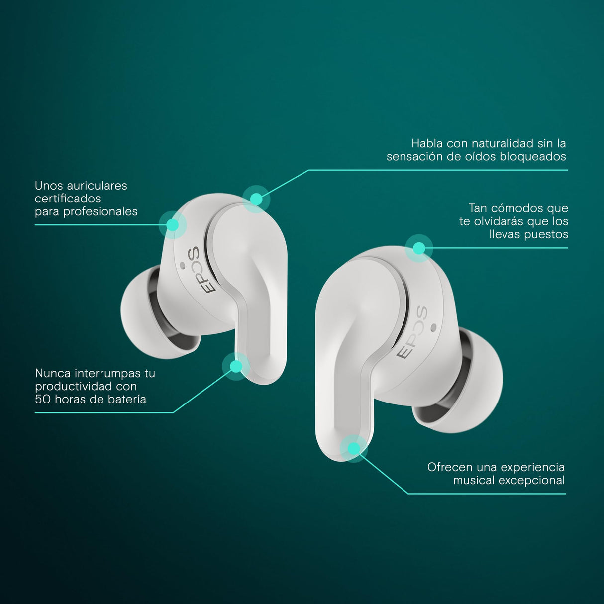 EPOS Adapt E1 Auriculares Inalámbricos Blanco – ANC Híbrido, Bluetooth Multi-Point, Certificado Microsoft Teams & iPhone, 50H Batería, Carga Inalámbrica,USB-C, IPX5 Resistente al Agua