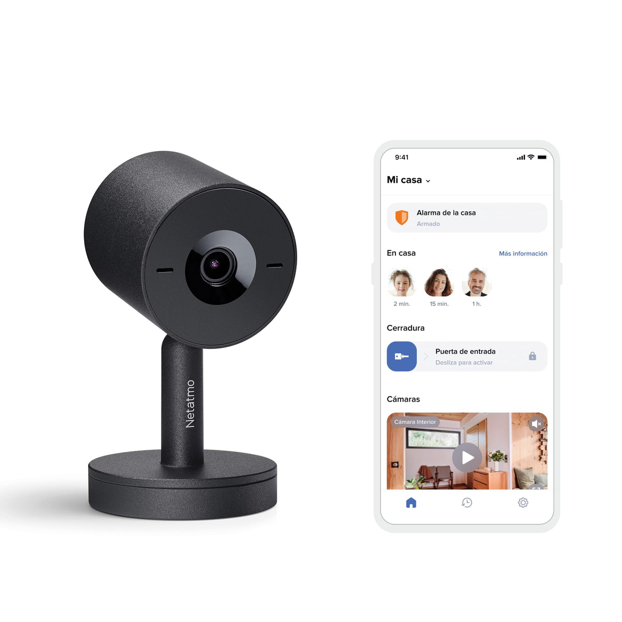 Netatmo Cámara Inteligente para Interiores Advance - Reconocimiento Facial Optimizado por IA, Audio Bidireccional, Ángulo de visión Amplio de 130°, HDR 2K, 30 fps, Zoom X16, 2X SD - Negro