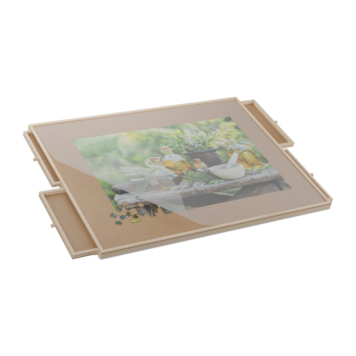 Relaxdays Tablero para Puzzles con 4 Cajones, Organizador Rompecabezas de 1500 Piezas, Giratorio, Inclinable, Natural, Madera, 4 x 93 x 67 cm