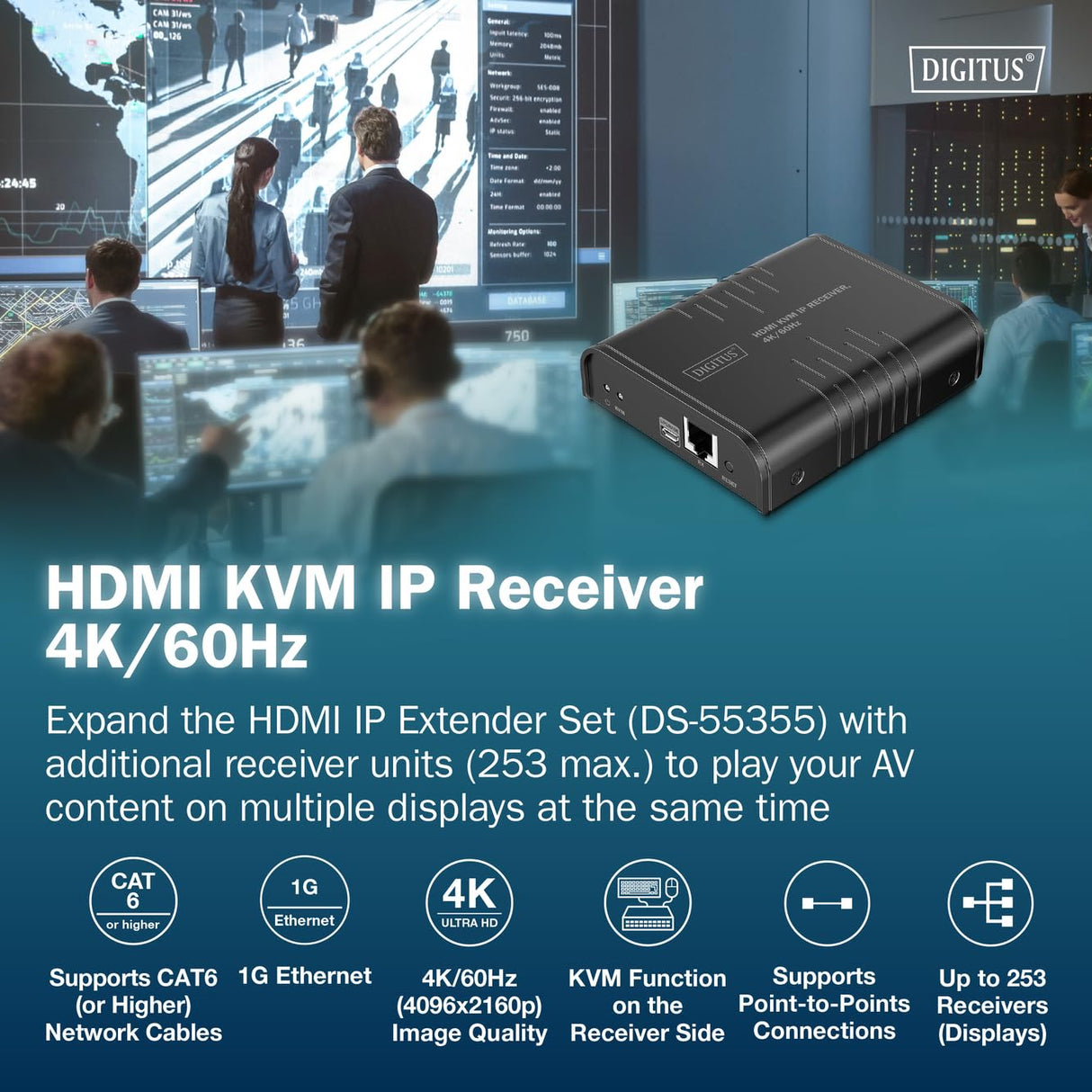 DIGITUS Receptor HDMI KVM IP para DS-55355 – UHD 4k 60 Hz – HDMI 2.0 – hasta 200 m de alcance – unidad receptora – punto a multipunto – CAT 6 – negro