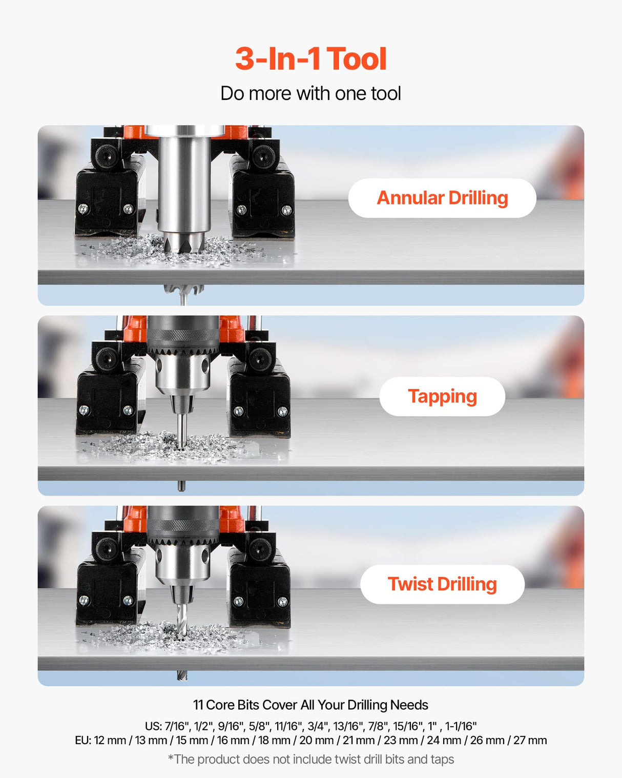 VEVOR Taladro Magnético de 1400 W, Diámetro de Perforación de 50 mm, Dirección Reversible, Velocidad de 0 a 850 RPM, Taladro Magnético con 11 Brocas para Bricolaje Industrial y Doméstico, Naranja