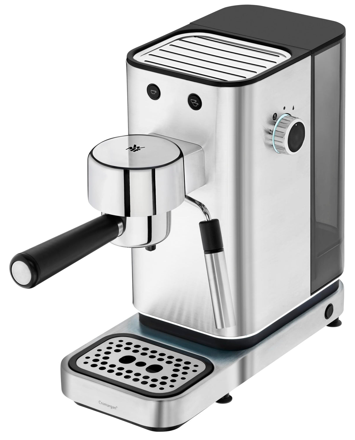 WMF Lumero - Cafetera expreso con 3 portafiltro, 1400 vatios, para 1-2 tazas de expreso, 15 bares, reposavasos, espumador de leche, prensador de café, luz led, acero inoxidable mate