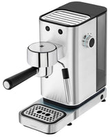 WMF Lumero - Cafetera expreso con 3 portafiltro, 1400 vatios, para 1-2 tazas de expreso, 15 bares, reposavasos, espumador de leche, prensador de café, luz led, acero inoxidable mate