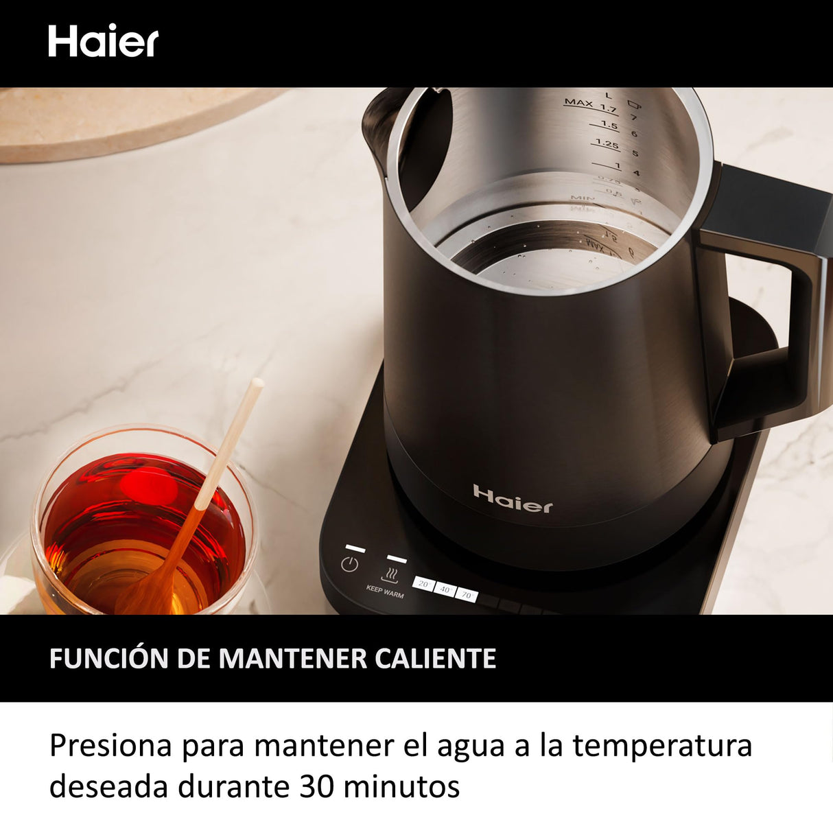 HAIER Hervidor de Acero Inoxidable, Ahorro de Energía, 7 Ajustes de Temperatura, Función Mantener Caliente, Hervir para una Taza, 1.7L, 2200W [I-Master Series 5]