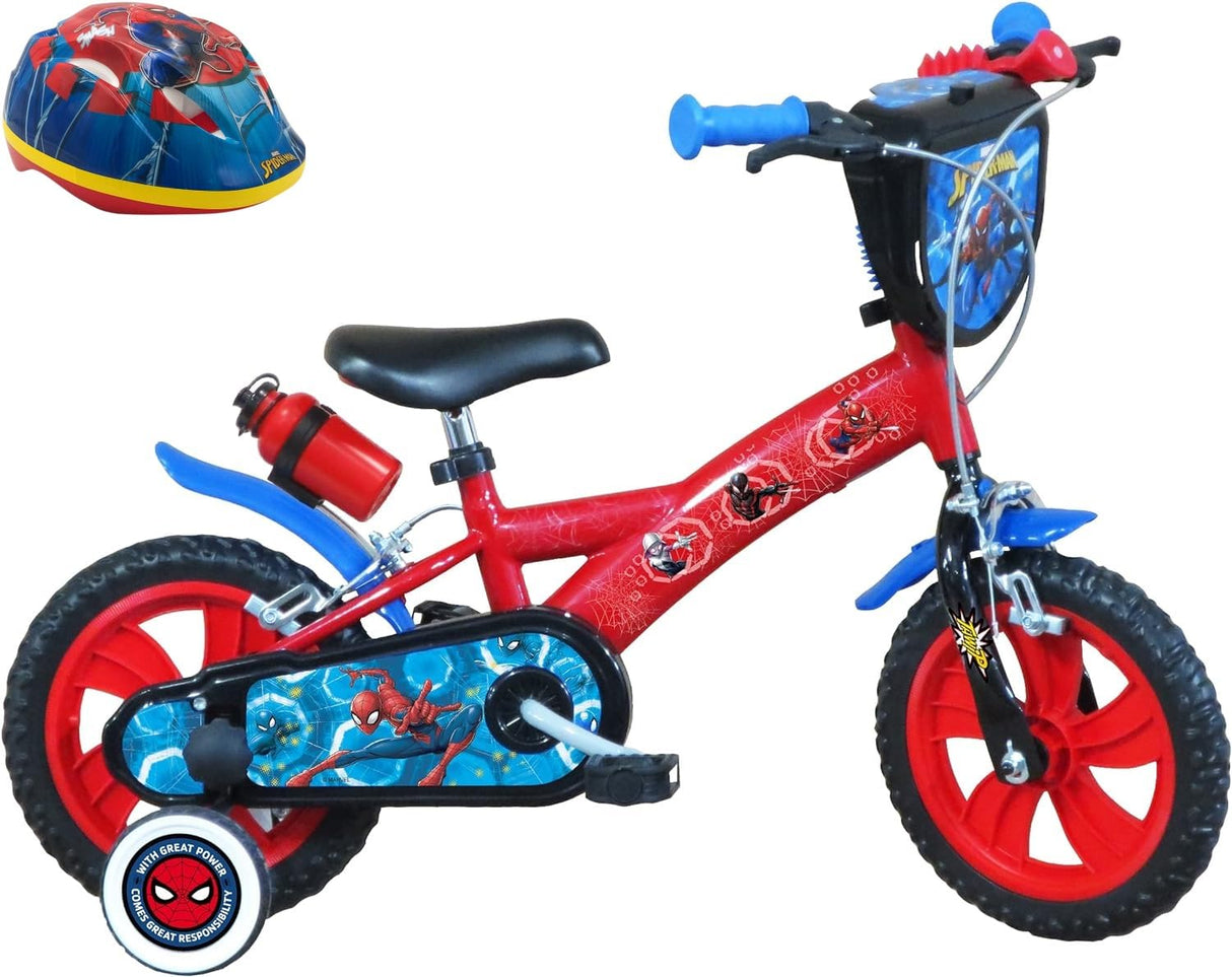 A.T.L.A.S. Bicicleta de 12 Pulgadas Equipada con 2 Frenos, Placa Frontal Decorativa, Guardabarros, cárter, estabilizadores y Casco Spiderman Incluido Delantera, Niños, Rojo idéntico a Las Fotos, 12''