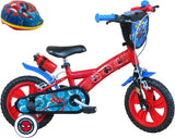 A.T.L.A.S. Bicicleta de 12 Pulgadas Equipada con 2 Frenos, Placa Frontal Decorativa, Guardabarros, cárter, estabilizadores y Casco Spiderman Incluido Delantera, Niños, Rojo idéntico a Las Fotos, 12''