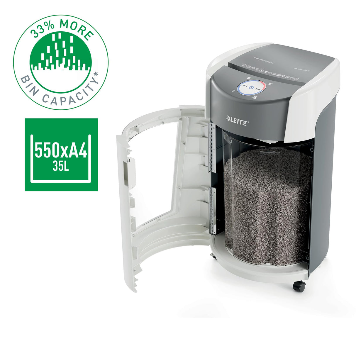 Leitz 83600000 - Destructora de Papel IQ OptiMax Office P5 Micro-Corte, Tritura 10-12 Hojas, Tecnología Única de Rotación y +33% de Capacidad de la Papelera, 35L (550xA4), Ultra-Silenciosa, Blanca
