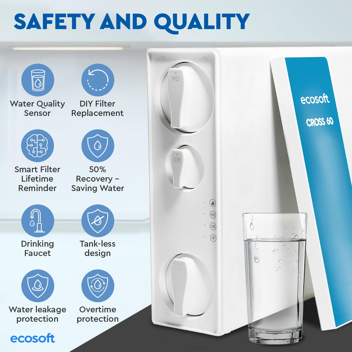 Ecosoft CROSS 60 Ósmosis Inversa Compacto | Flujo Directo de 1 L/min | Tecnología Ecológica de Ahorro de Agua | Pantalla Inteligente | Sustitución de Cartuchos DIY
