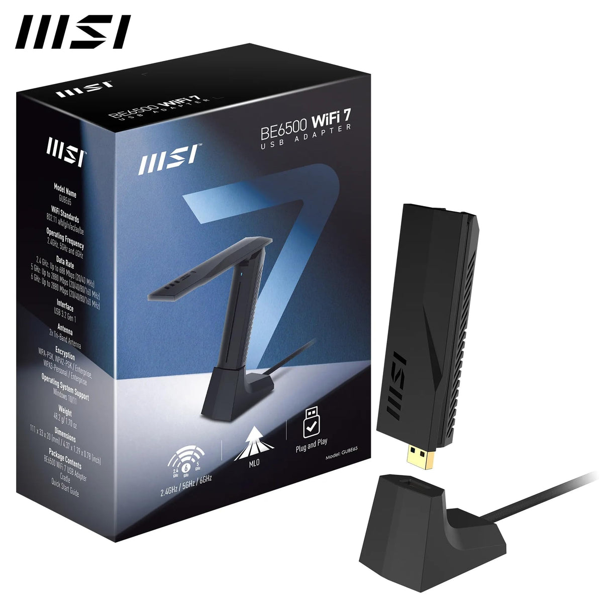 MSI BE6500 Adaptador USB WiFi 7 - Velocidades de hasta 2880 Mbps (6 GHz) + 2880 Mbps (5 GHz) + 688 Mbps (2,4 GHz), Funcionamiento multienlace (MLO), Seguridad Avanzada