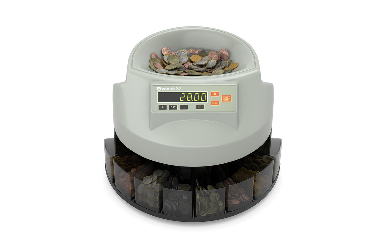 Detectalia M5 - Contadora de monedas cuenta valor y clasifica monedas mezcladas de euro - Clasificadora de monedas separando por denominación