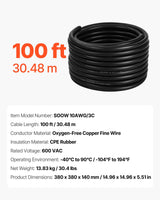 VEVOR SOOW - Cable de alimentación (10 AWG 3 conductores, extensión eléctrica resistente, 600 V, longitud 30,48 m, funda de goma CPE, conductor de alambre fino cobre, cable eléctrico para necesidades