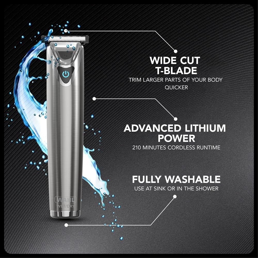 WAHL Washable Stainless Steel Multigroomer, recortadora de barba y barba incipiente para hombres, recortadora de nariz y orejas, set de cuidado masculino, totalmente lavable, sin cable