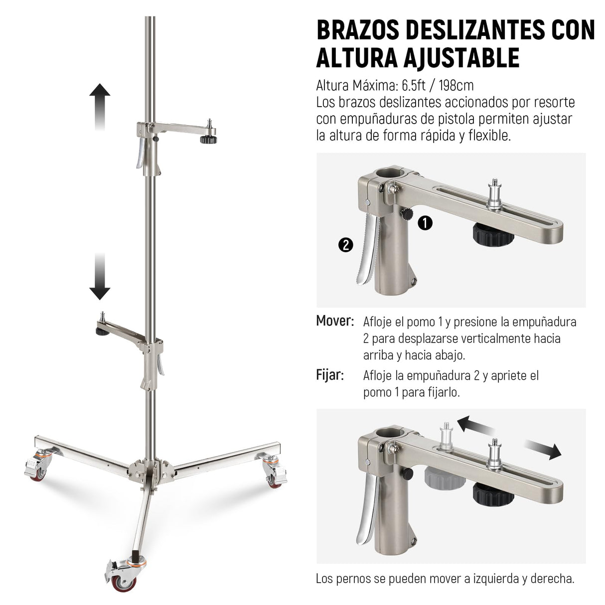 NEEWER Soporte de luz de Acero Inoxidable de 198 cm, Soporte de trípode Resistente con Ruedas giratorias, 2 Brazos deslizantes con Agarre de Pistola, Pata Plegable para fotografía, Caja de luz