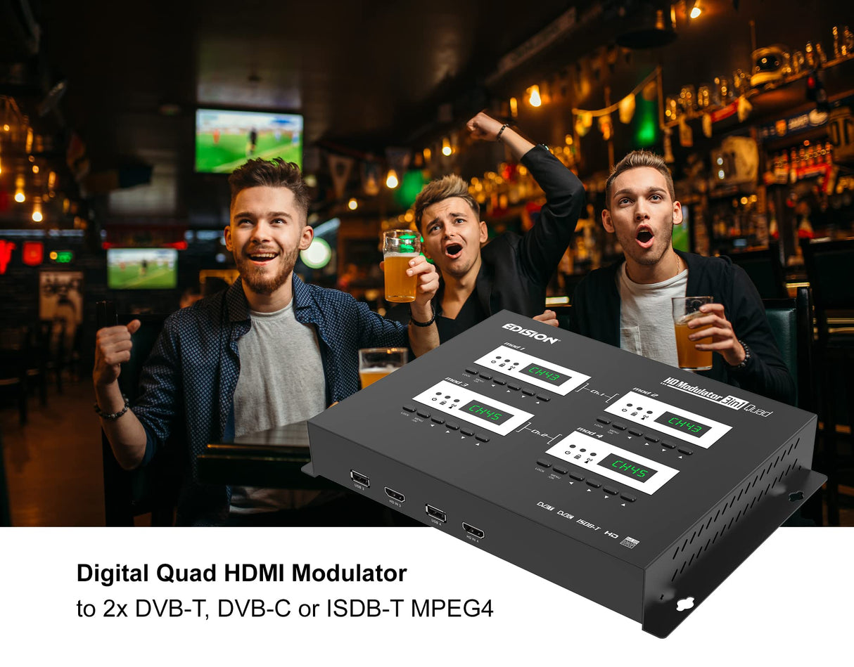 EDISION HDMI MODULADOR 3in1 Quad, RF Modulador 4X HDMI a terrestre DVB-T, ISDB-T o Cable DVB-C MPEG4, 3 SEÑALES de modulación SELECCIONABLES, Distribución Full HD sobre Cable Coaxial, Plug and Play