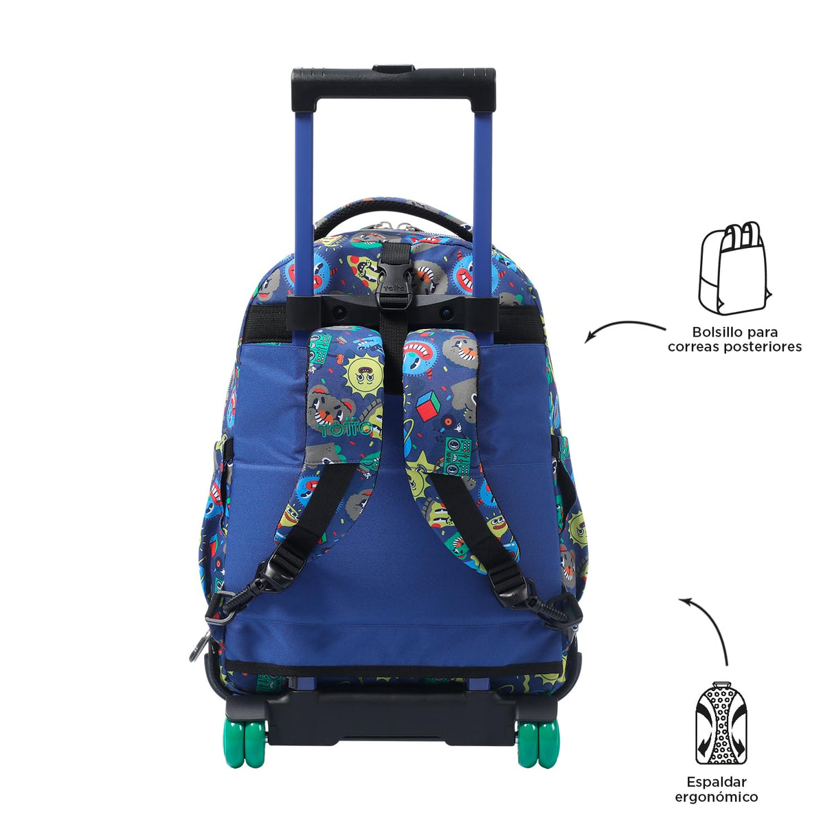 TOTTO - Mochila Escolar con Ruedas Desmontables, Modelo Tiza, Capacidad 26 L, Mochila PC 15.4", Bolsillo Botella, Manija Telescópica, Espaldar Ergonómico y Correas en S, Estampado Tello Azul