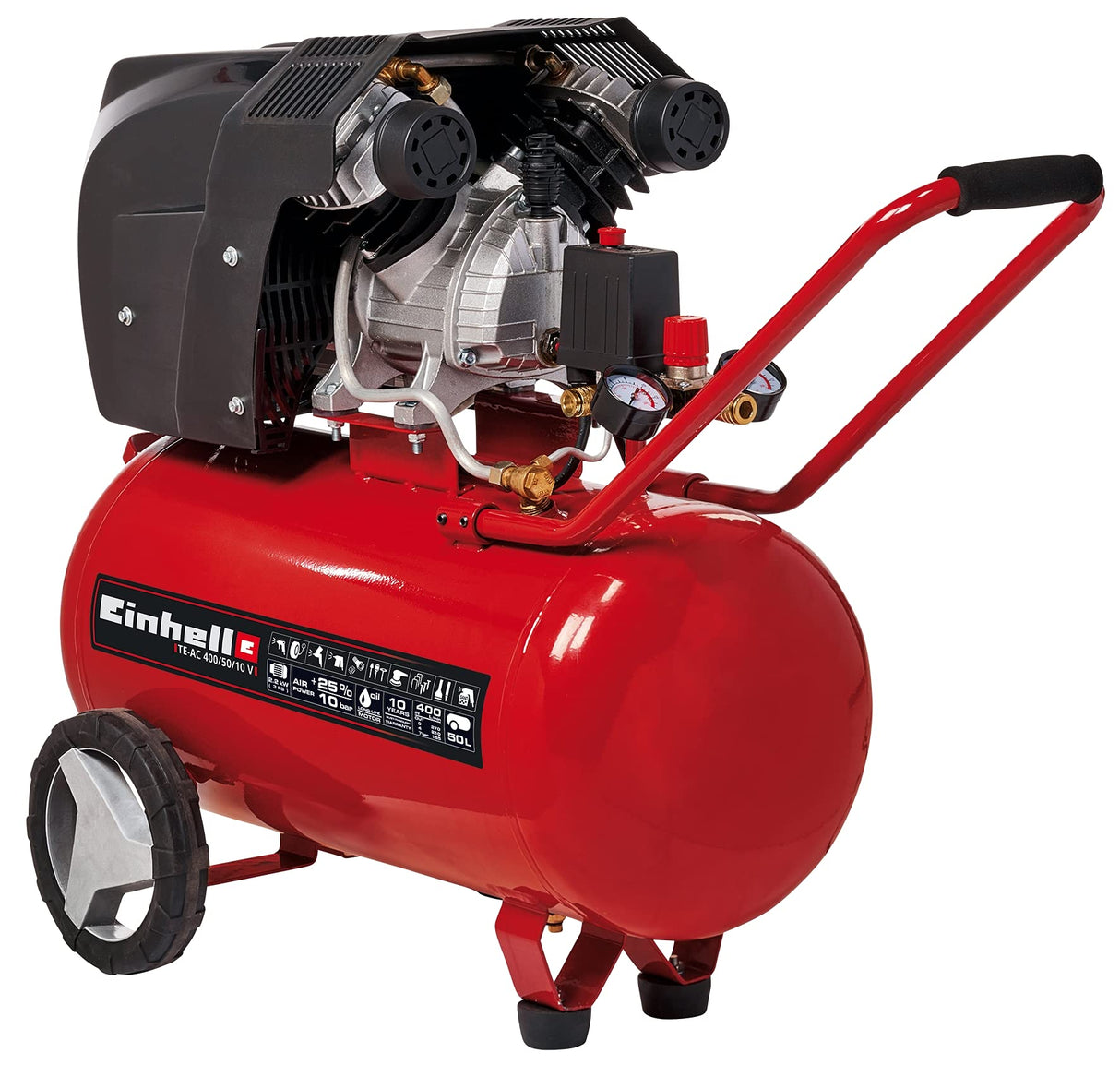Einhell Compresor TE-AC 400/50/10 V (cilindro en V lubricado por aceite, 2200W, 10 bar, tanque de 50L, capacidad de aspiración de 400l/min, reductor de presión, 2 manómetros y 2 acoplamientos rápidos)