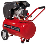 Einhell Compresor TE-AC 400/50/10 V (cilindro en V lubricado por aceite, 2200W, 10 bar, tanque de 50L, capacidad de aspiración de 400l/min, reductor de presión, 2 manómetros y 2 acoplamientos rápidos)