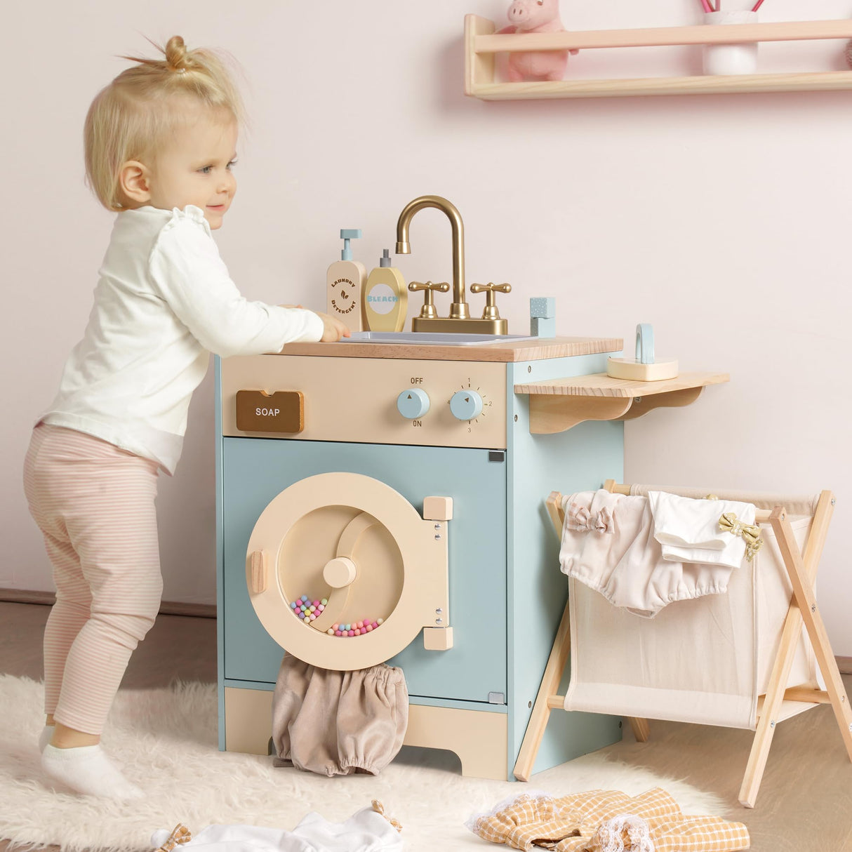 ROBUD Lavadora Infantil de Madera con Cesta de lavandería, Tabla de Planchar, detergente y más, Apta para niños a Partir de 3 años.