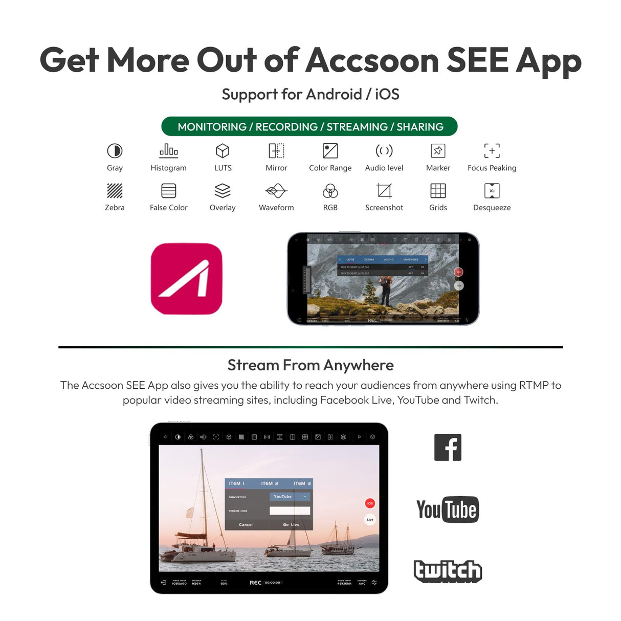 Accsoon CineView Nano Transmisor de Video iOS/Android inalámbrico 5G HDMI Compacto, Alcance de 500pies/150m latencia de 60 ms, Monitoreo de 4 Dispositivos, Compatible con Estabilizador RS2/RS3
