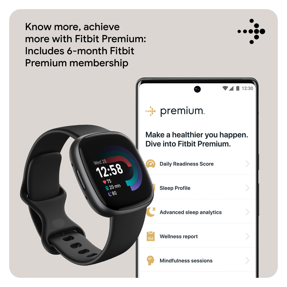 Fitbit Versa 4 Bundle (con Correa Deportiva) Reloj Inteligente de Fitness con GPS Integrado y hasta 6 días de duración de la batería, Compatible con Android e iOS.
