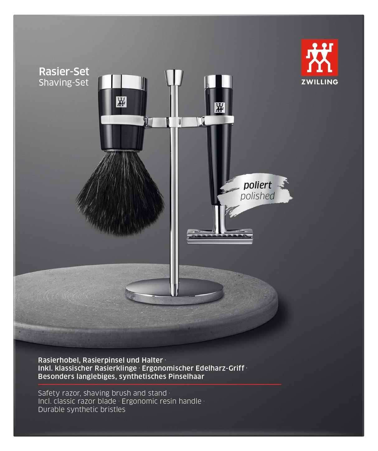 ZWILLING Juego de maquinilla de afeitar con maquinilla de afeitar clásica (3 piezas con brocha de afeitar y soporte, aptas para todas las hojas de afeitar, set de regalo), negro