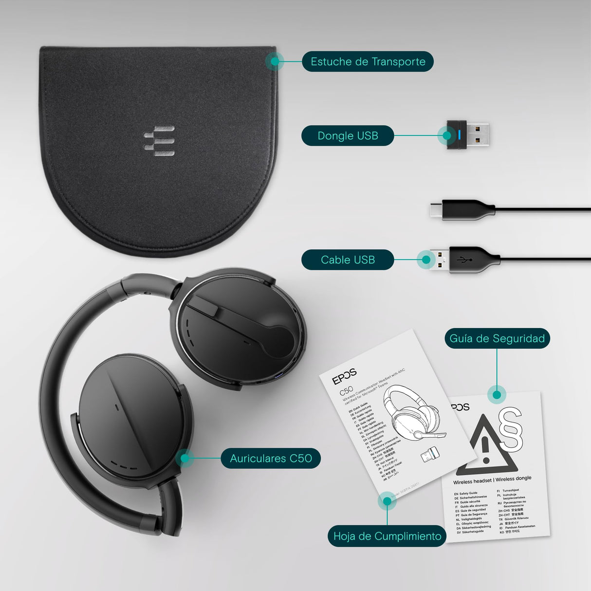 EPOS Auriculares con micrófono SENNHEISER C50 | Auriculares inalámbricos con Noise Cancelling, batería de hasta 46 Horas y tecnología BrainAdapt™