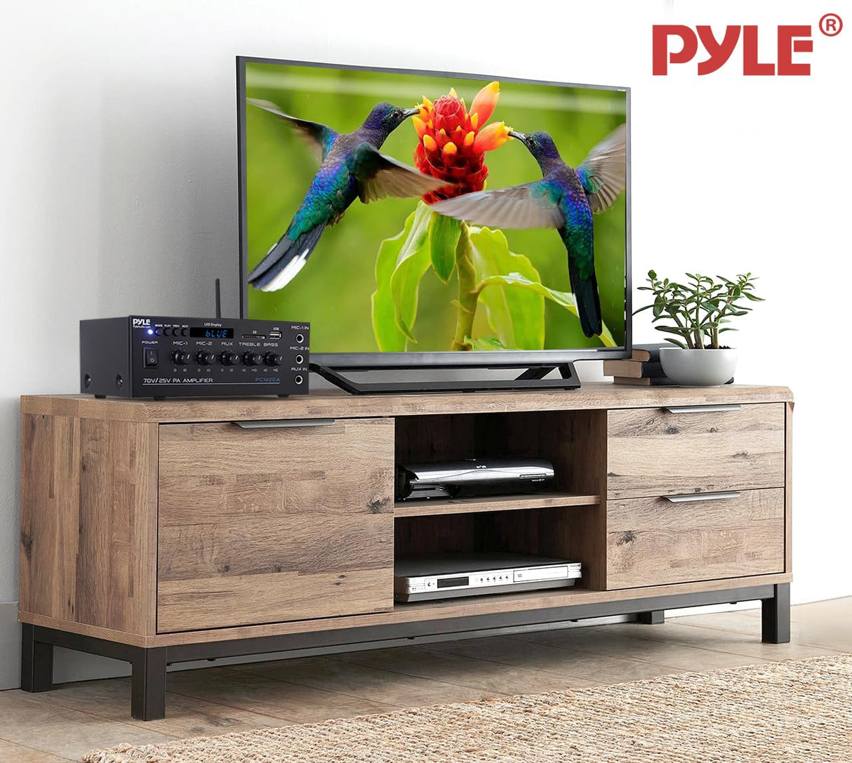 Pyle Sistema Amplificador de Potencia de Audio, Inalambrico, Estereo, Potencia Maxima de 200V, USB, SD, AUX, Entrada de microfono para Karaoke, Radio, Pantalla LCD, RCA
