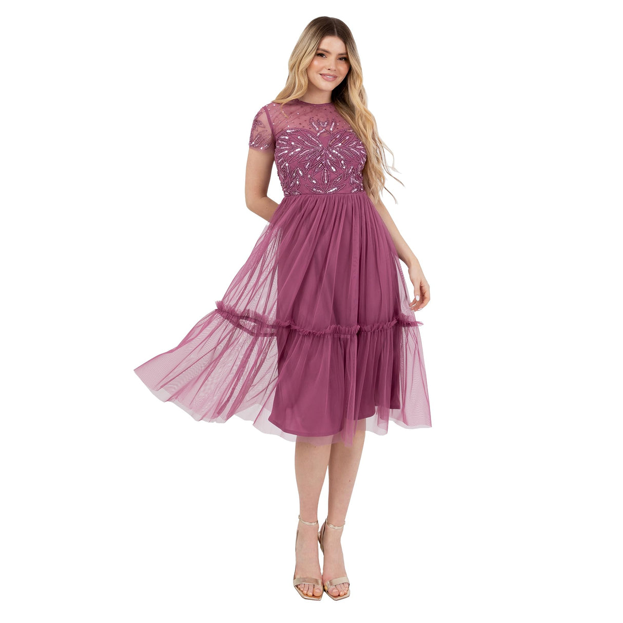 Maya Deluxe Women's Midi Dress Ladies Round Neck Sheer Short Sleeves Sequin Embellished Tulle Ruffle A-Line Wedding Guest Occasion, Rose, 56
