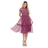 Maya Deluxe Women's Midi Dress Ladies Round Neck Sheer Short Sleeves Sequin Embellished Tulle Ruffle A-Line Wedding Guest Occasion, Rose, 56