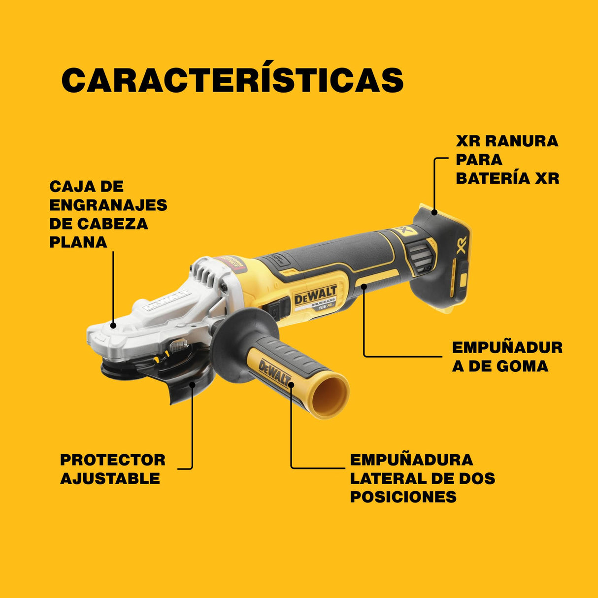 DEWALT Amoladora Angular 18V XR Sin Escobillas 125mm Cabezal Plano, Inalámbrica para Espacios Reducidos, Corte de Metal, Mayor Seguridad y Protección contra Polvo, Solo Cuerpo – DCG405FN-XJ
