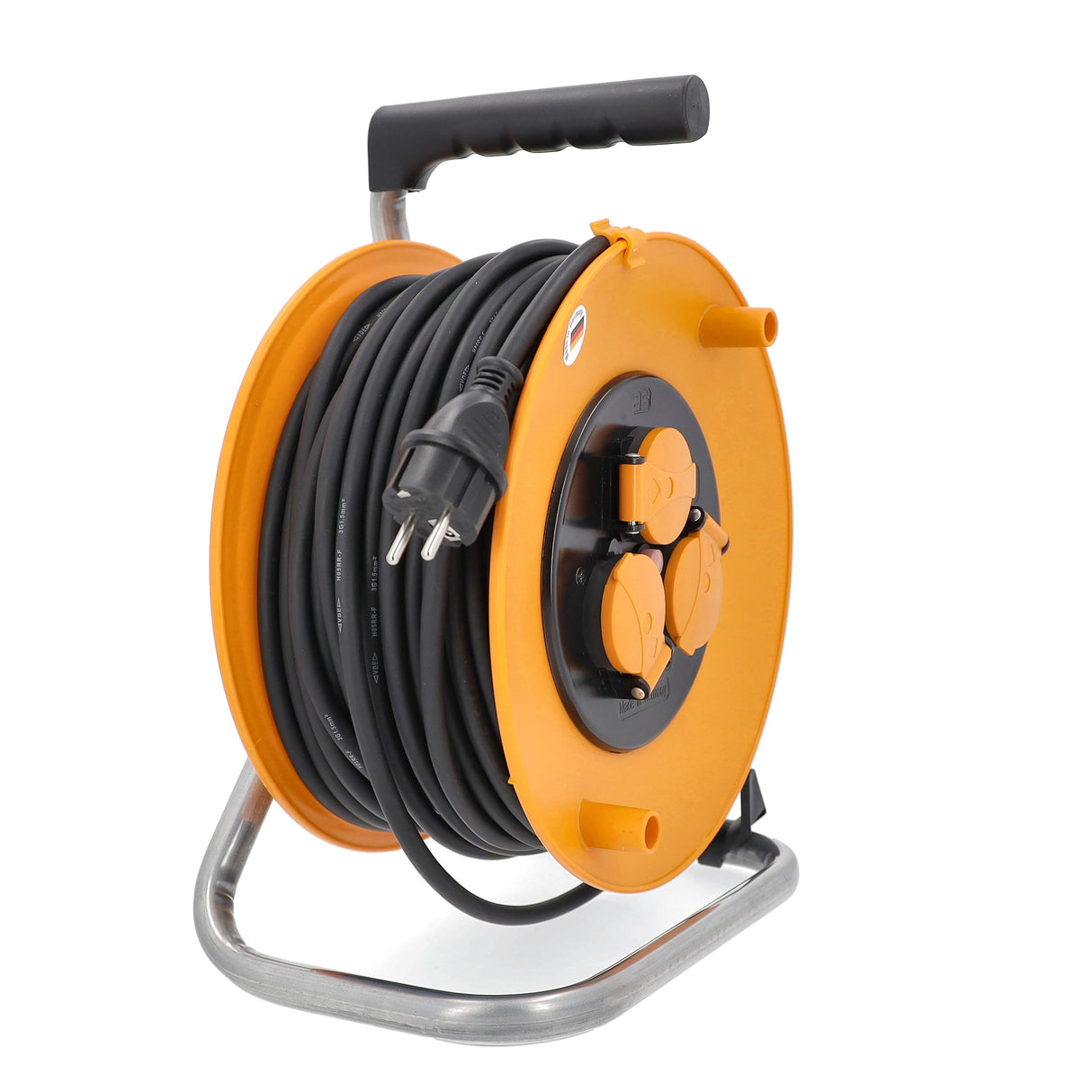 as - Schwabe enrollacables con cable de 50 m - 3 tomas con tapas de protección - Protegido frente a salpicaduras de agua IP44 - Protección contra sobrecalentamiento - Carrete Made in Germany, 11483